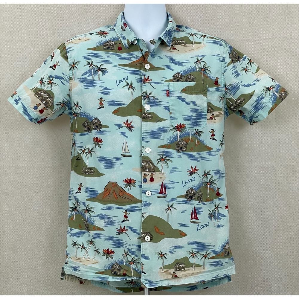LEVIS Mens Hawaiian Shirt Size Small Button Up Aloha Hula Surf Beach Short Sleev